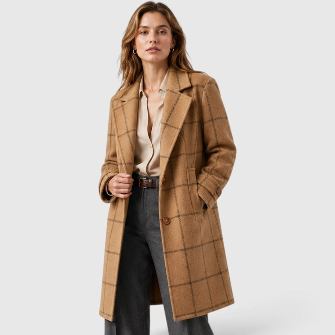 Women's Classic Wool Blend Mid-Length Plaid Coat with Lapel