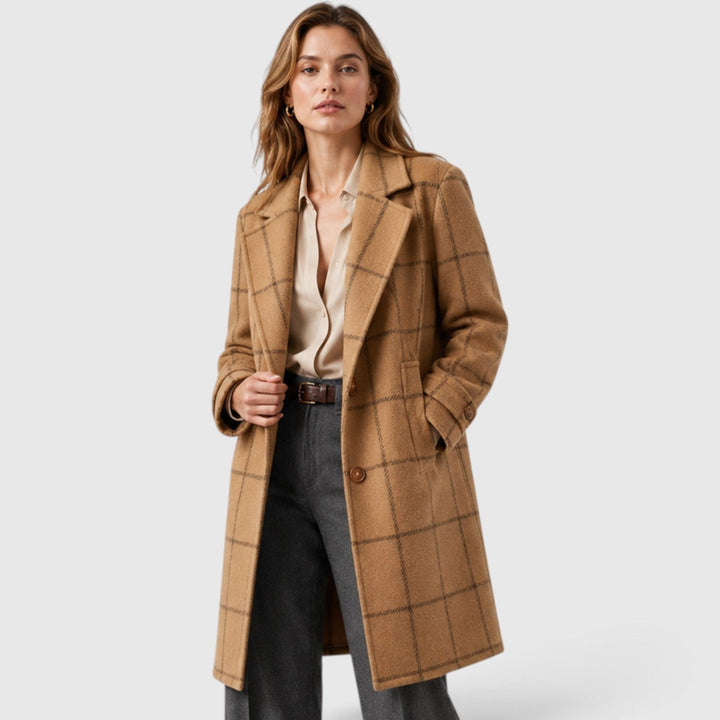 Women's Classic Wool Blend Mid-Length Plaid Coat with Lapel