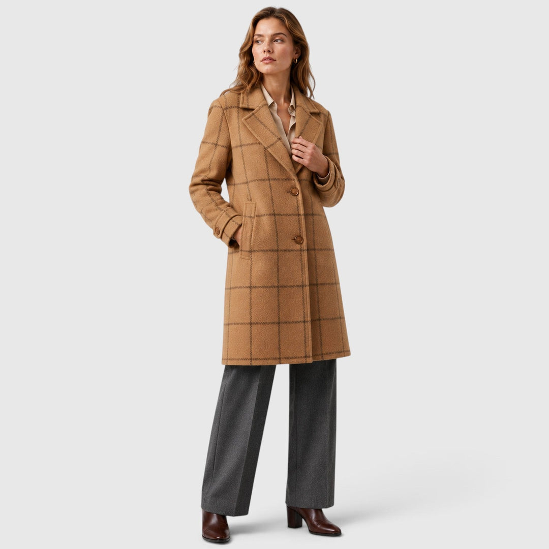 Women's Classic Wool Blend Mid-Length Plaid Coat with Lapel