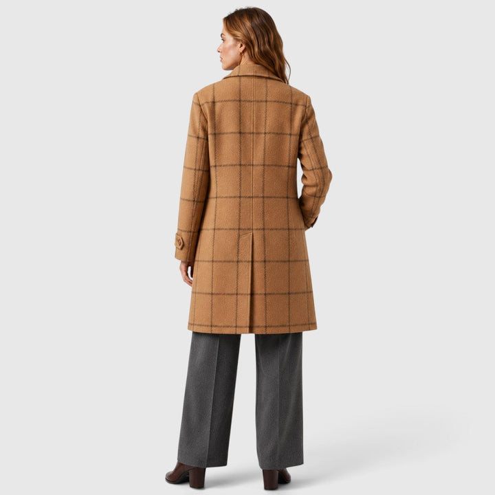 Women's Classic Wool Blend Mid-Length Plaid Coat with Lapel
