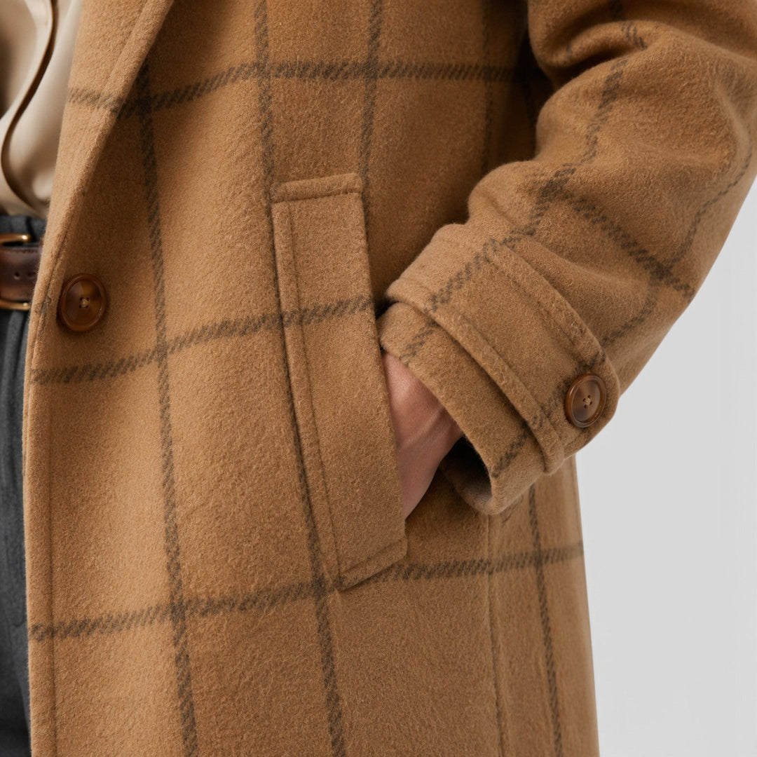 Women's Classic Wool Blend Mid-Length Plaid Coat with Lapel