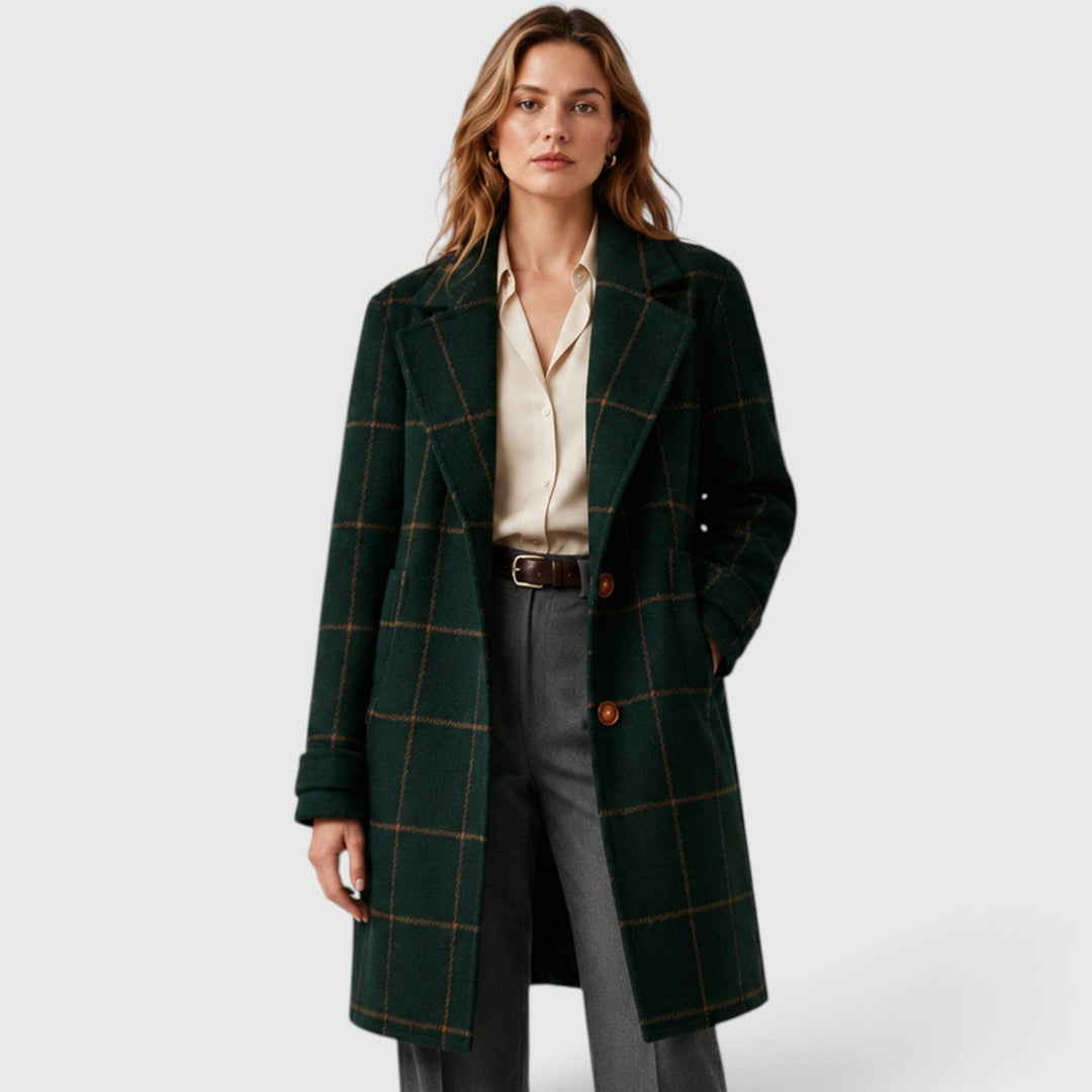 Women's Classic Wool Blend Mid-Length Plaid Coat with Lapel