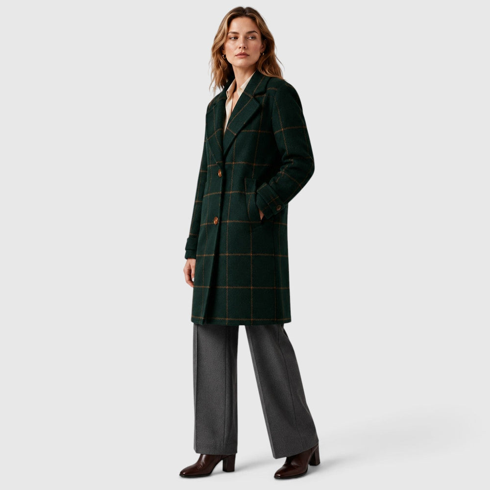 Women's Classic Wool Blend Mid-Length Plaid Coat with Lapel