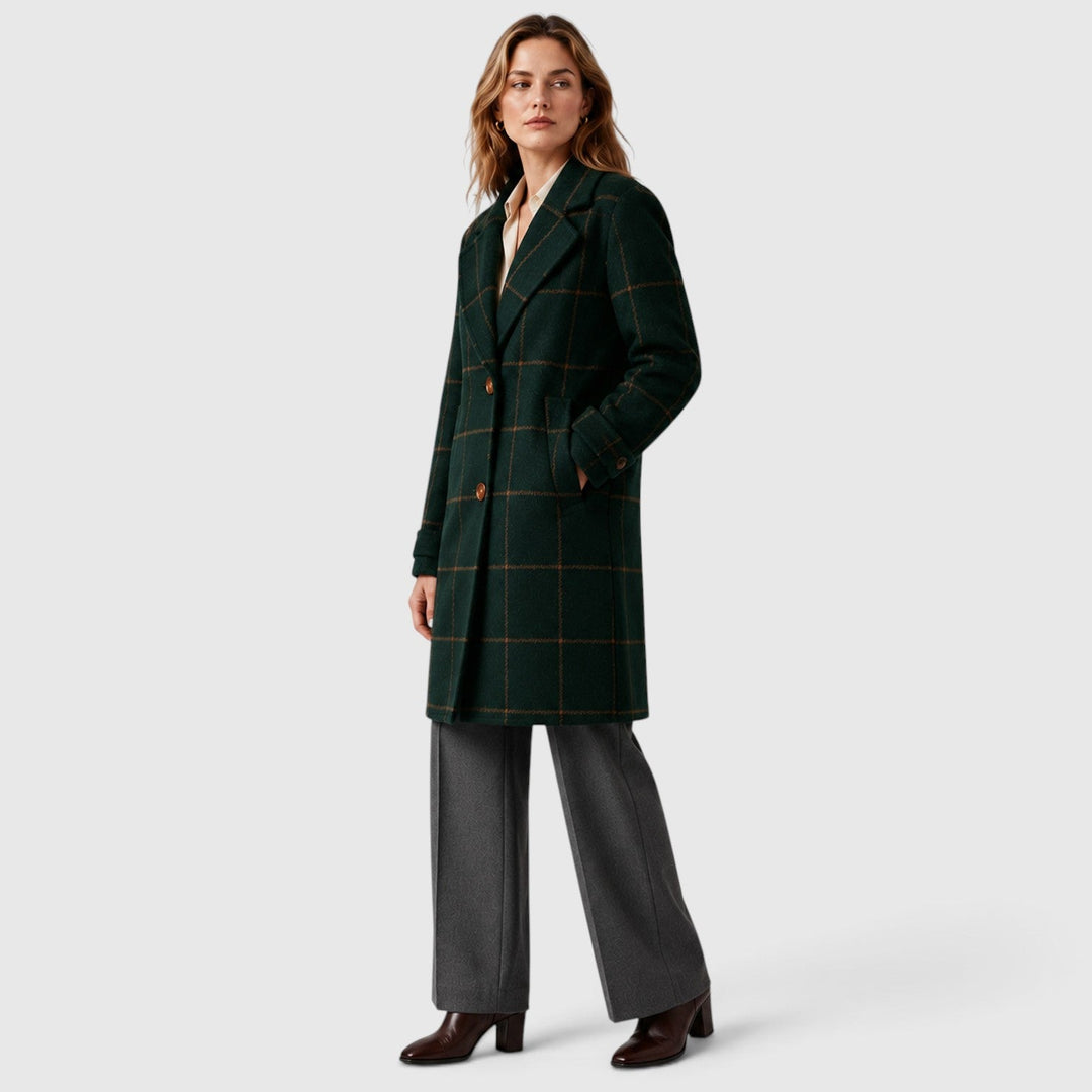 Women's Classic Wool Blend Mid-Length Plaid Coat with Lapel