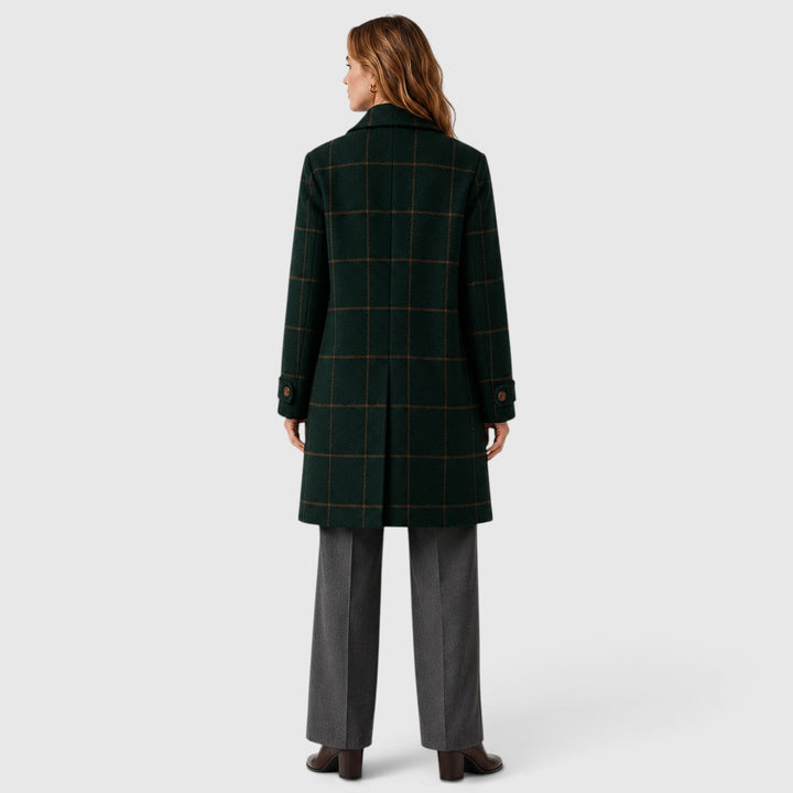 Women's Classic Wool Blend Mid-Length Plaid Coat with Lapel
