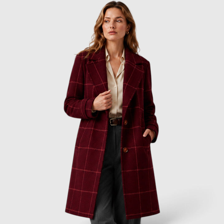 Women's Classic Wool Blend Mid-Length Plaid Coat with Lapel