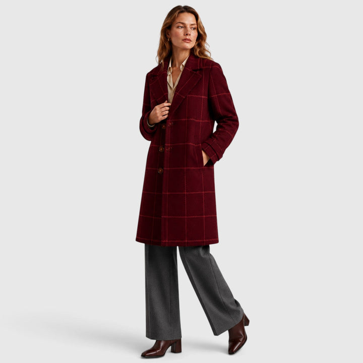 Women's Classic Wool Blend Mid-Length Plaid Coat with Lapel