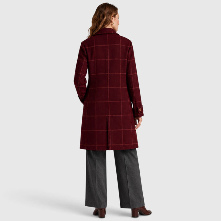Women's Classic Wool Blend Mid-Length Plaid Coat with Lapel