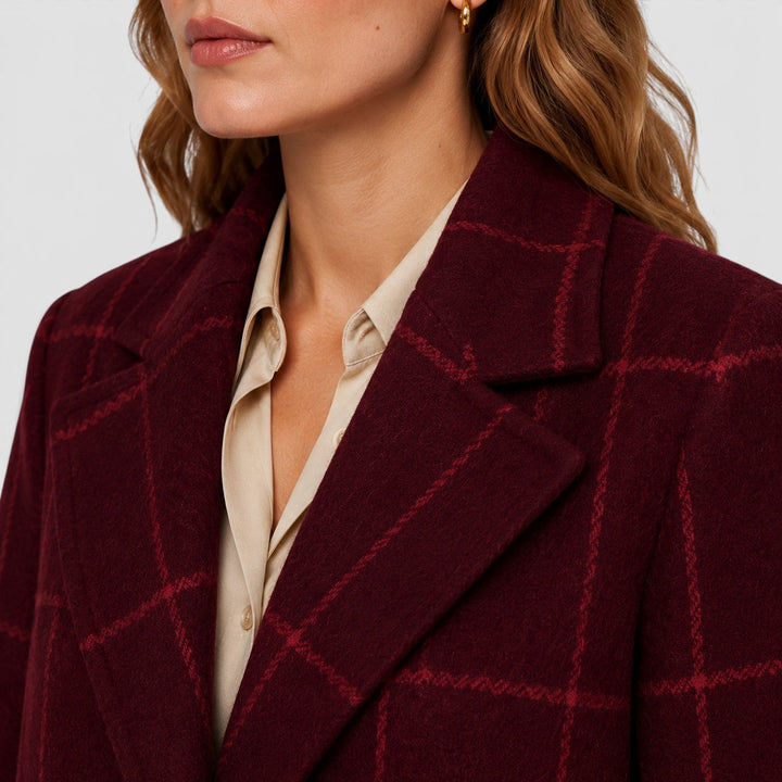 Women's Classic Wool Blend Mid-Length Plaid Coat with Lapel
