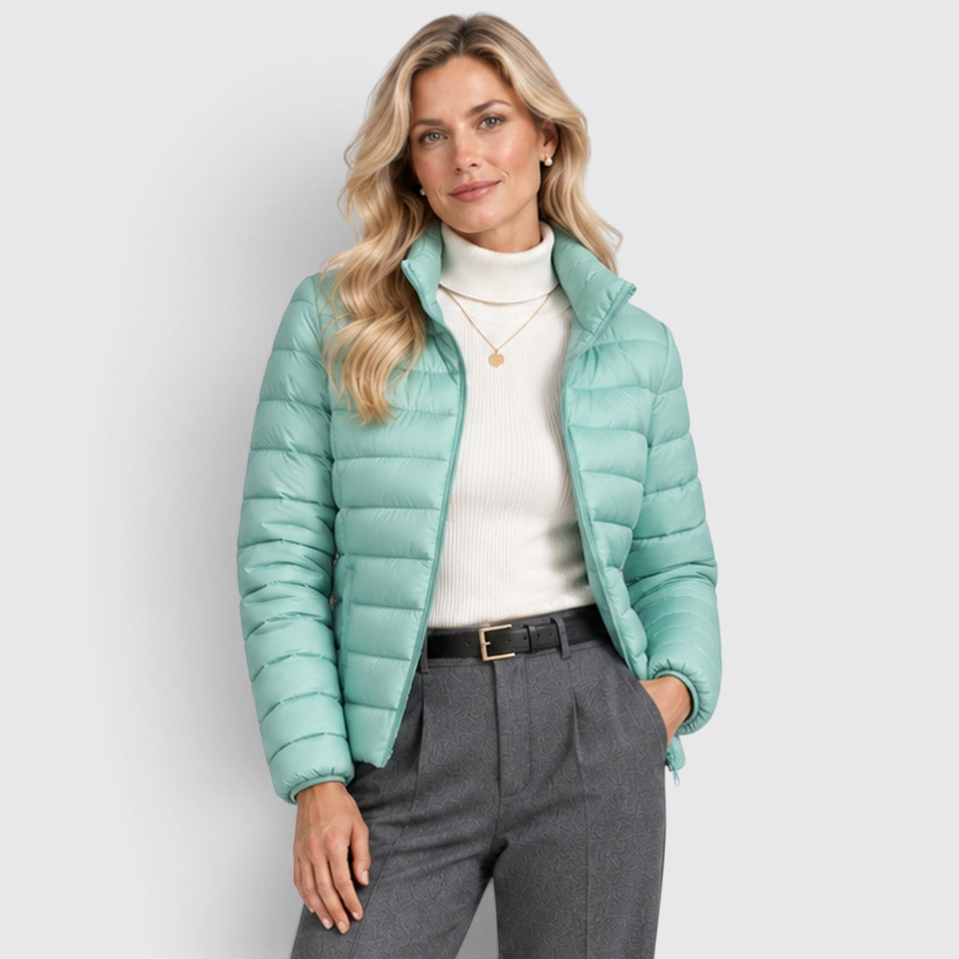 Women's Lightweight Padded Nylon Jacket with Stand Collar