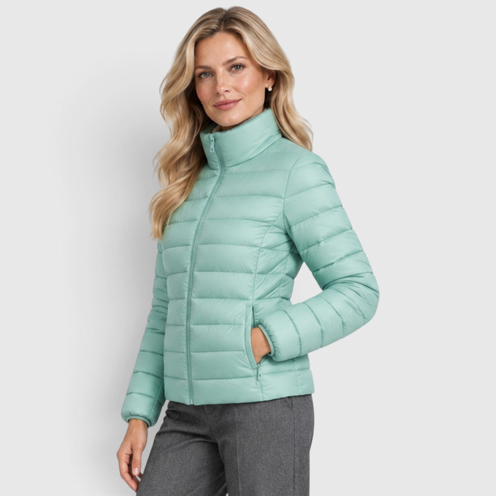 Women's Lightweight Padded Nylon Jacket with Stand Collar