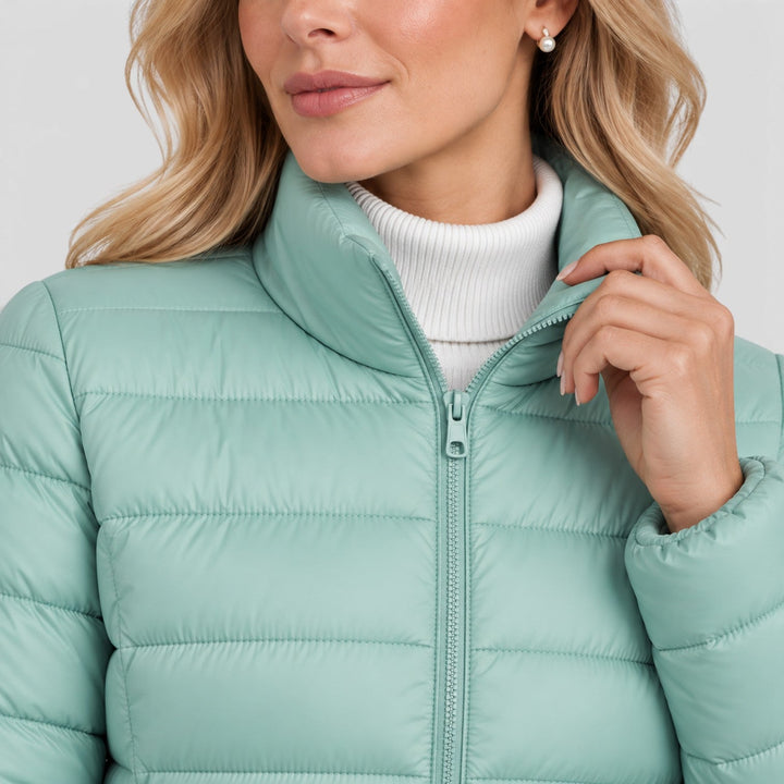 Women's Lightweight Padded Nylon Jacket with Stand Collar