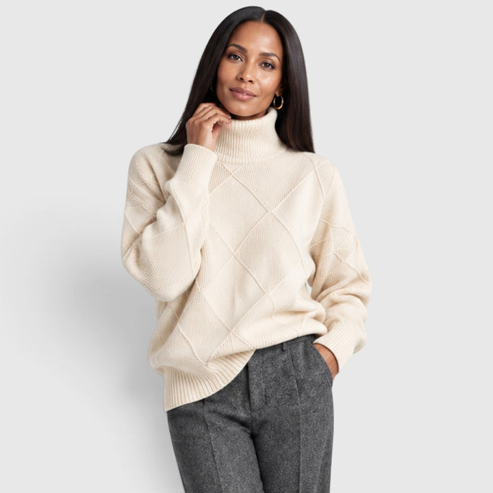 Women's Relaxed Knit Turtleneck Jumper with Diamond Texture