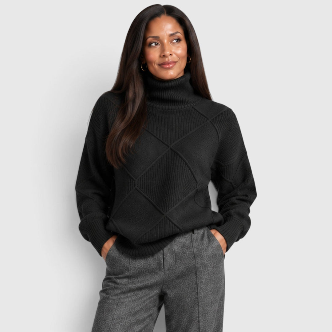 Women's Relaxed Knit Turtleneck Jumper with Diamond Texture