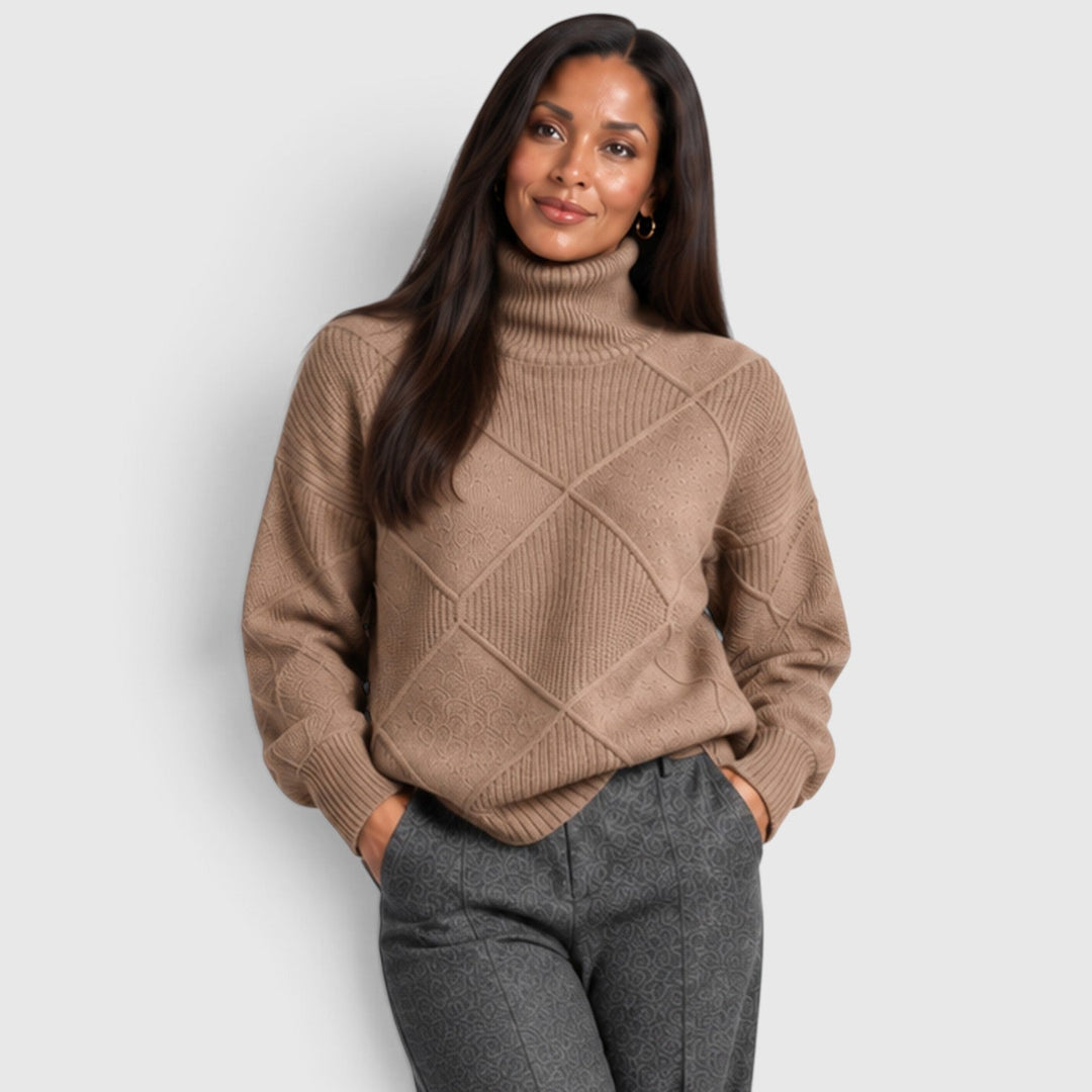 Women's Relaxed Knit Turtleneck Jumper with Diamond Texture