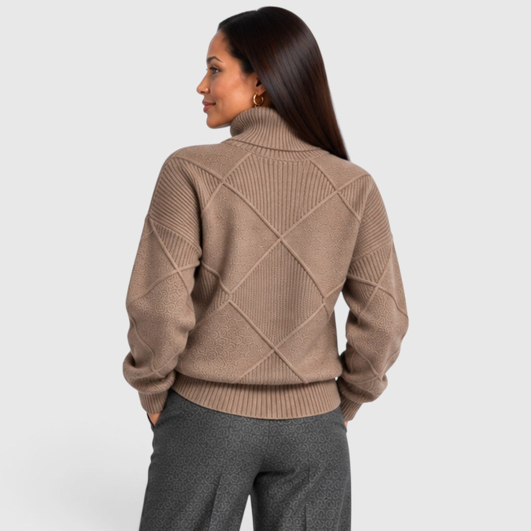 Women's Relaxed Knit Turtleneck Jumper with Diamond Texture