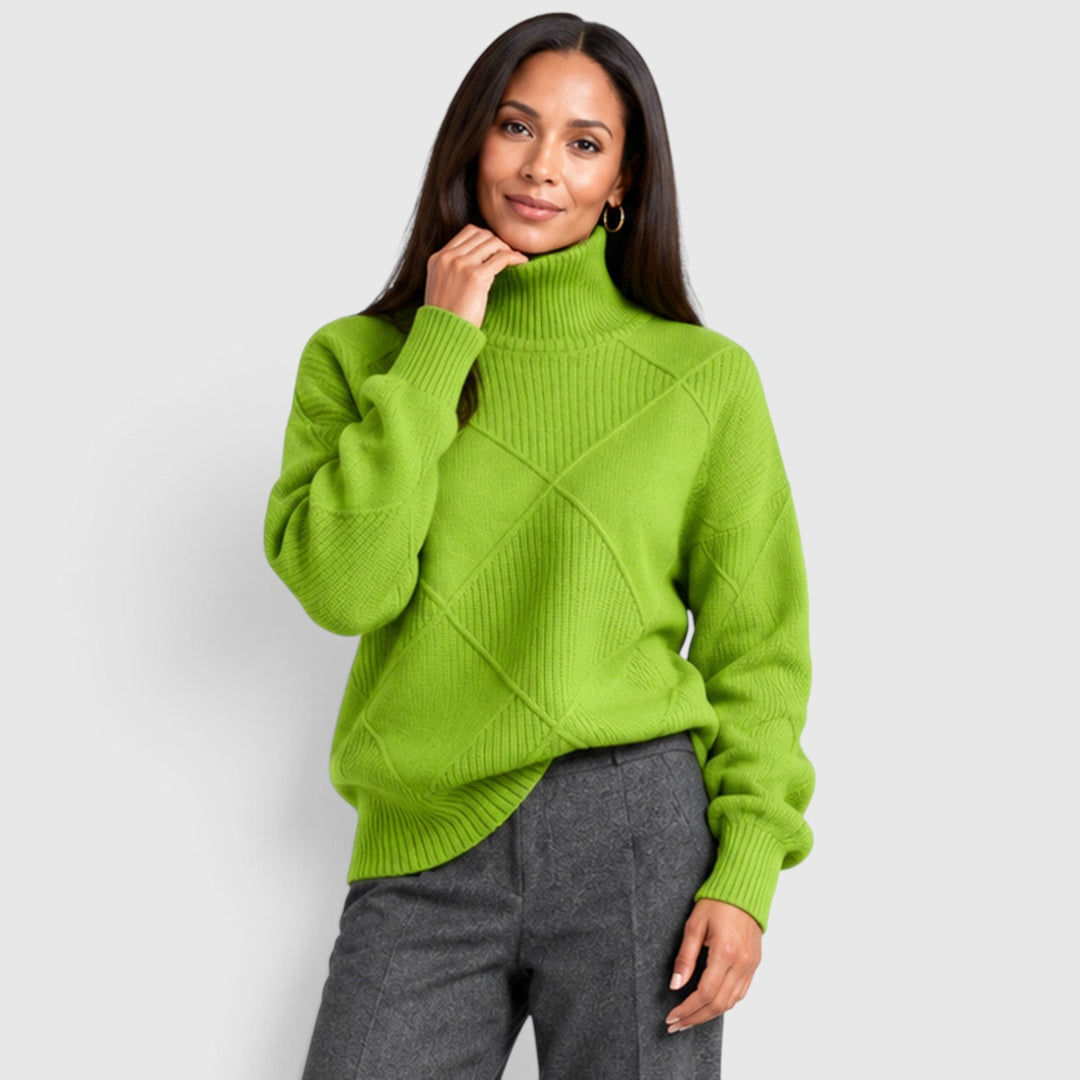 Women's Relaxed Knit Turtleneck Jumper with Diamond Texture
