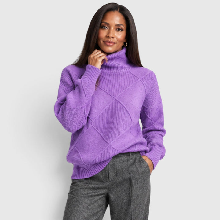 Women's Relaxed Knit Turtleneck Jumper with Diamond Texture