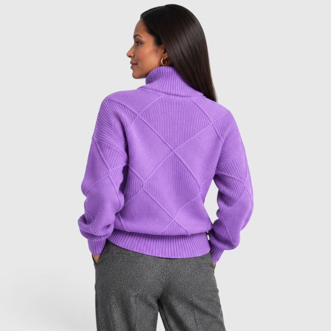 Women's Relaxed Knit Turtleneck Jumper with Diamond Texture