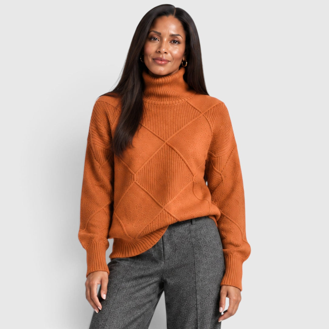 Women's Relaxed Knit Turtleneck Jumper with Diamond Texture