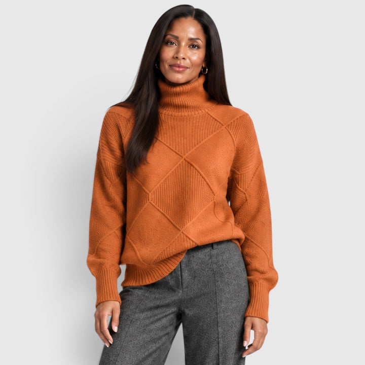 Women's Relaxed Knit Turtleneck Jumper with Diamond Texture