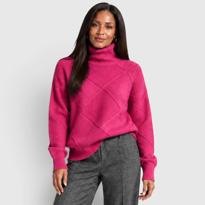 Women's Relaxed Knit Turtleneck Jumper with Diamond Texture