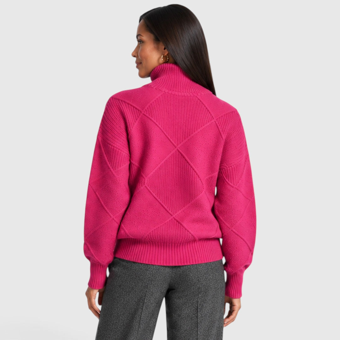 Women's Relaxed Knit Turtleneck Jumper with Diamond Texture