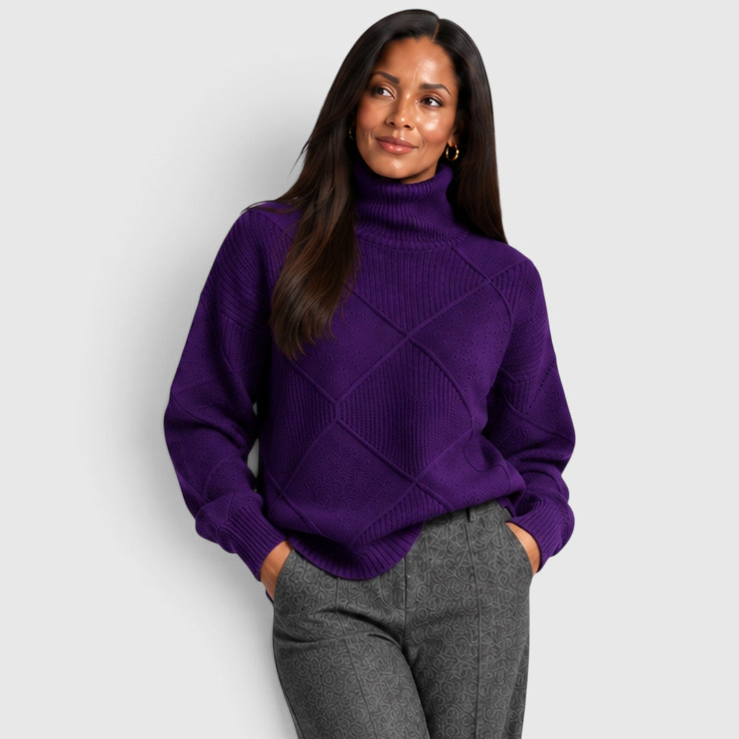 Women's Relaxed Knit Turtleneck Jumper with Diamond Texture