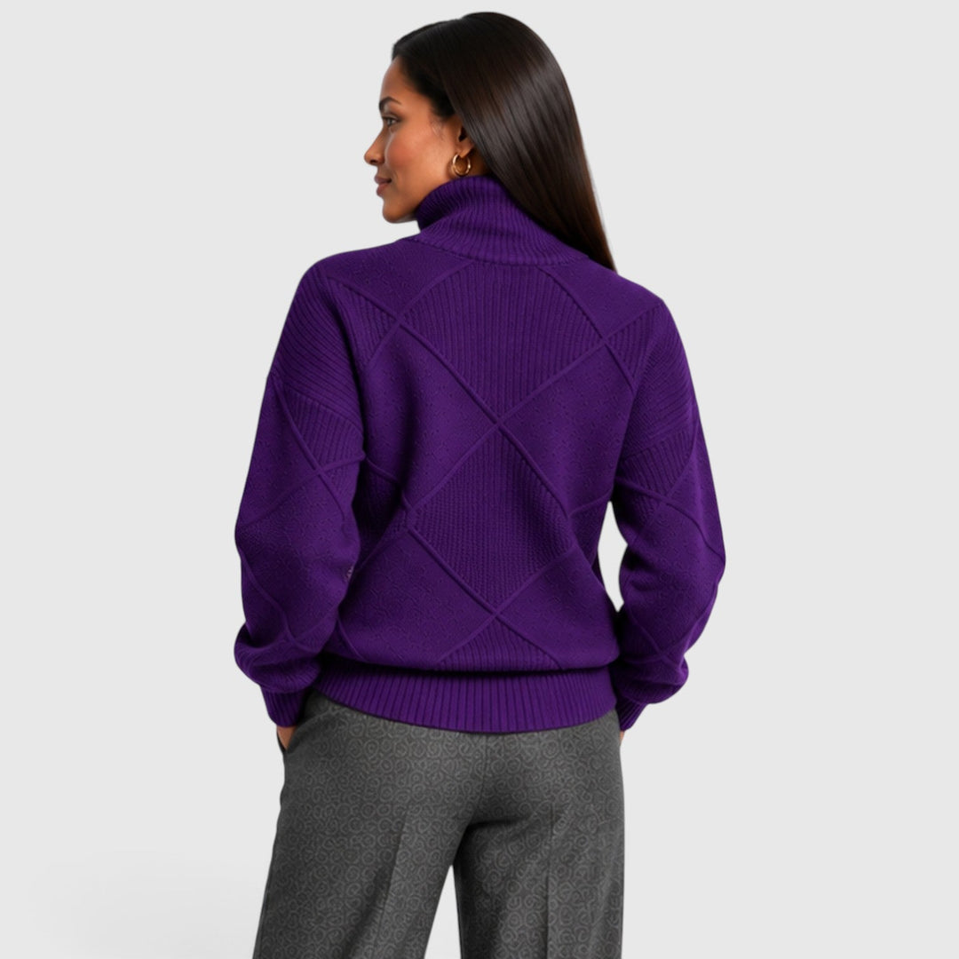 Women's Relaxed Knit Turtleneck Jumper with Diamond Texture
