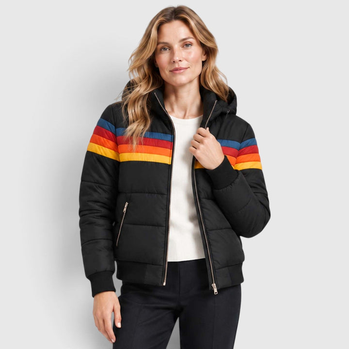 Women's Retro Hooded Insulated Puffer Jacket with Striped Detail