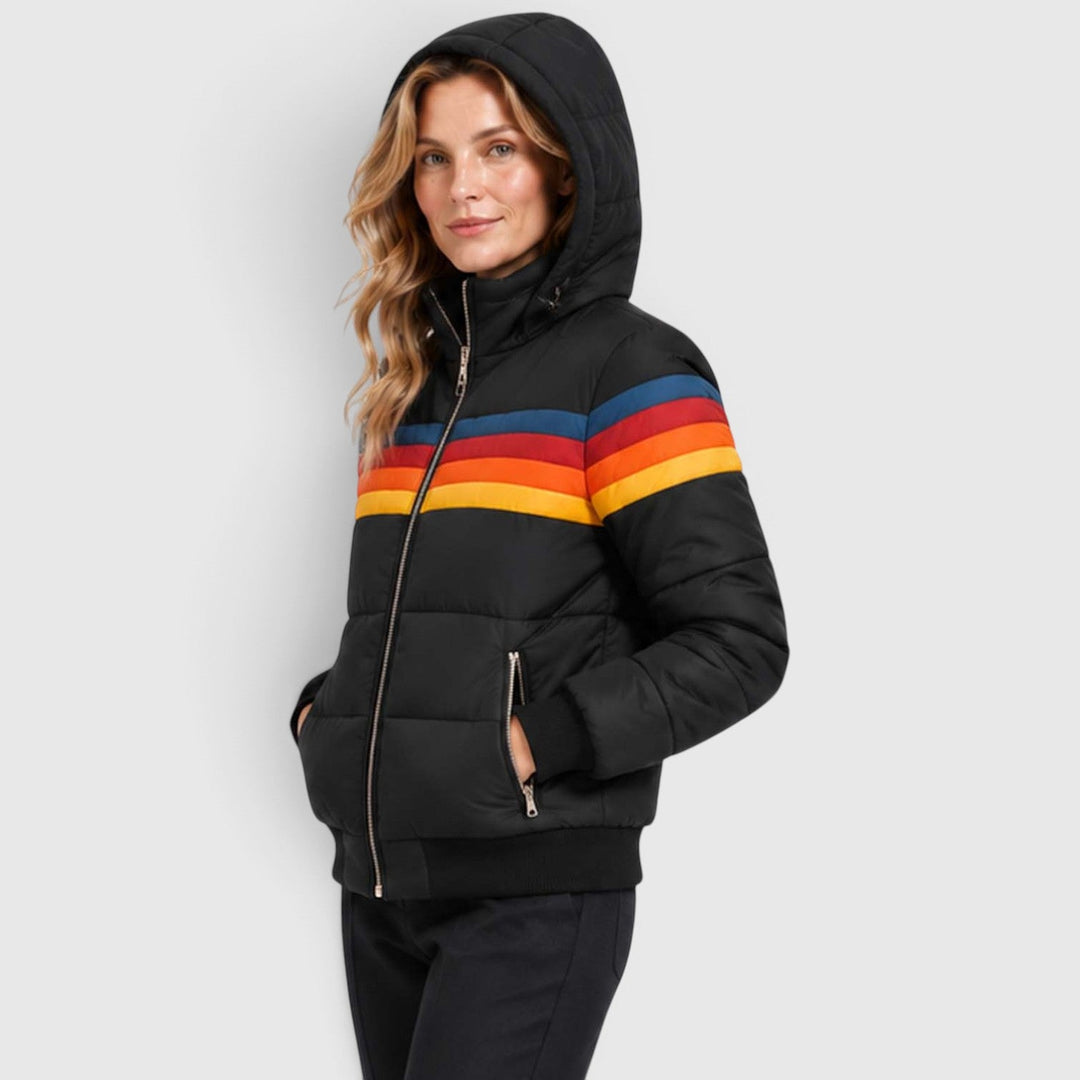 Women's Retro Hooded Insulated Puffer Jacket with Striped Detail