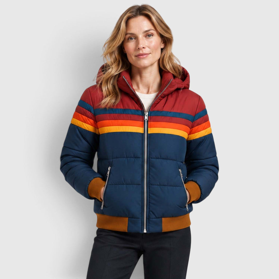 Women's Retro Hooded Insulated Puffer Jacket with Striped Detail