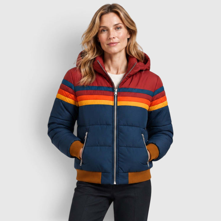 Women's Retro Hooded Insulated Puffer Jacket with Striped Detail