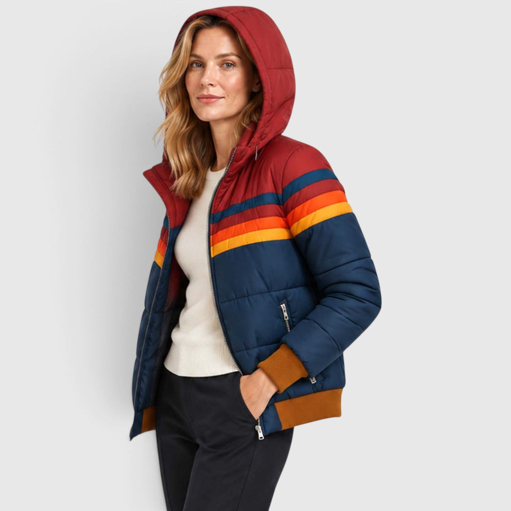 Women's Retro Hooded Insulated Puffer Jacket with Striped Detail