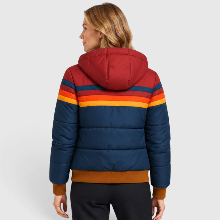 Women's Retro Hooded Insulated Puffer Jacket with Striped Detail