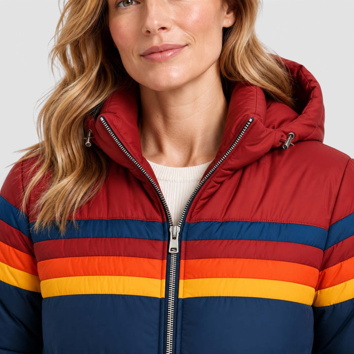 Women's Retro Hooded Insulated Puffer Jacket with Striped Detail