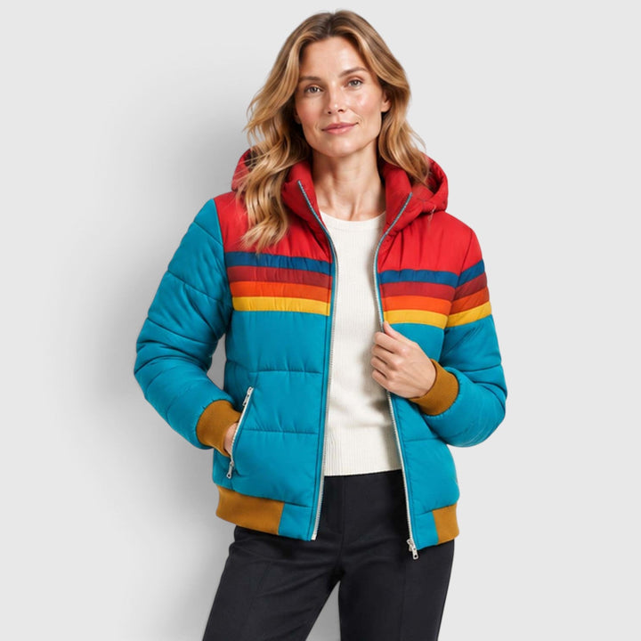 Women's Retro Hooded Insulated Puffer Jacket with Striped Detail