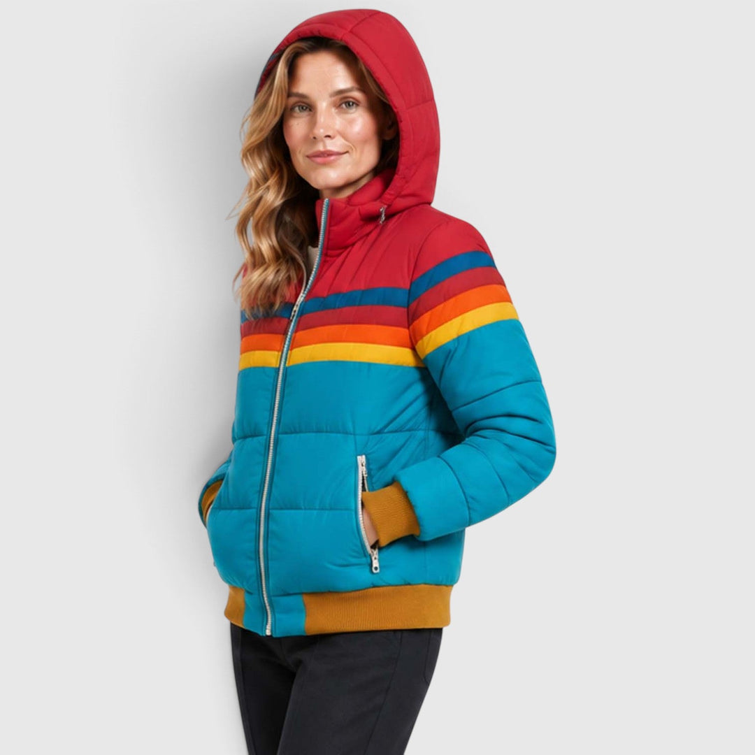 Women's Retro Hooded Insulated Puffer Jacket with Striped Detail