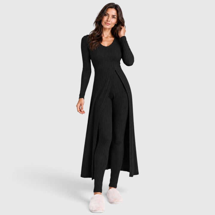 Women's Casual Ribbed Knit Long Sleeve Loungewear Set