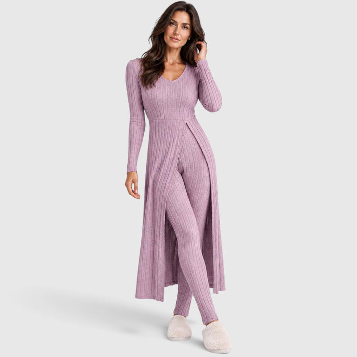 Women's Casual Ribbed Knit Long Sleeve Loungewear Set