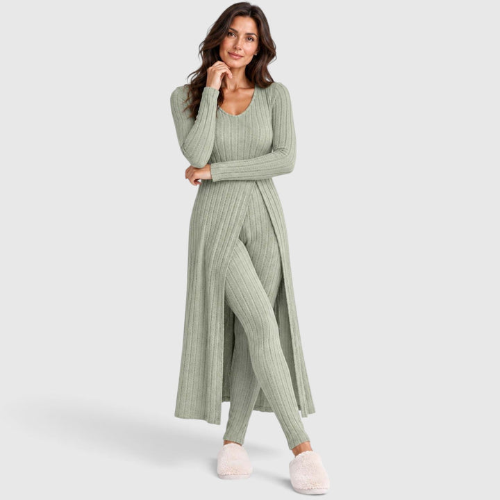 Women's Casual Ribbed Knit Long Sleeve Loungewear Set