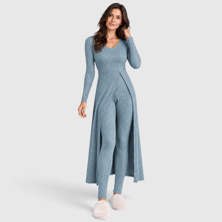Women's Casual Ribbed Knit Long Sleeve Loungewear Set