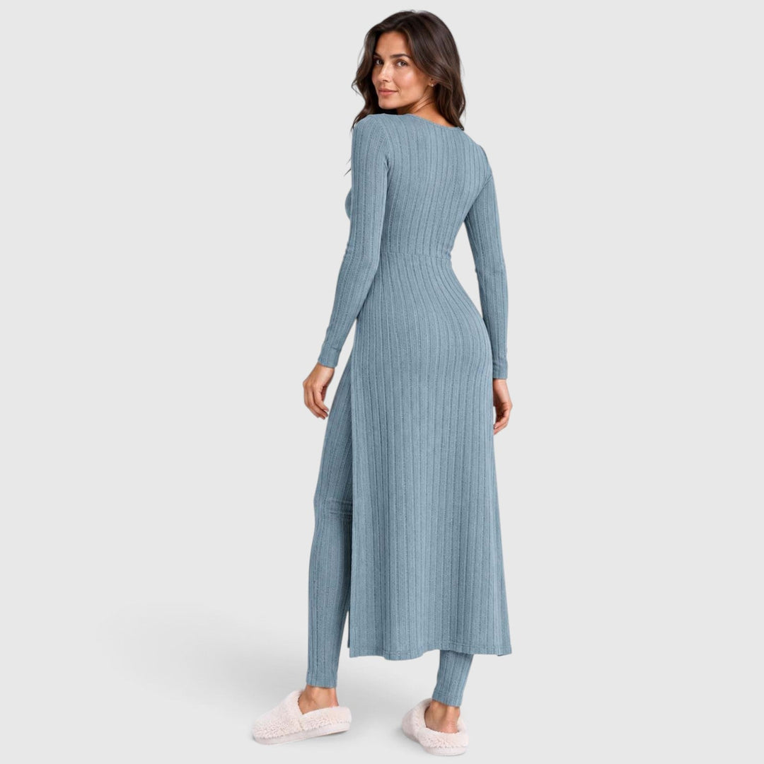Women's Casual Ribbed Knit Long Sleeve Loungewear Set