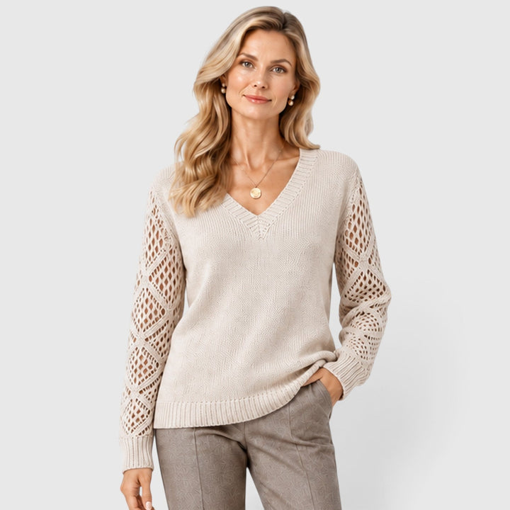 Women's Casual V-Neck Knitted Jumper with Openwork Sleeves