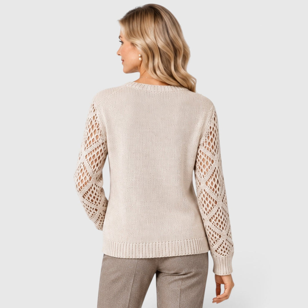Women's Casual V-Neck Knitted Jumper with Openwork Sleeves