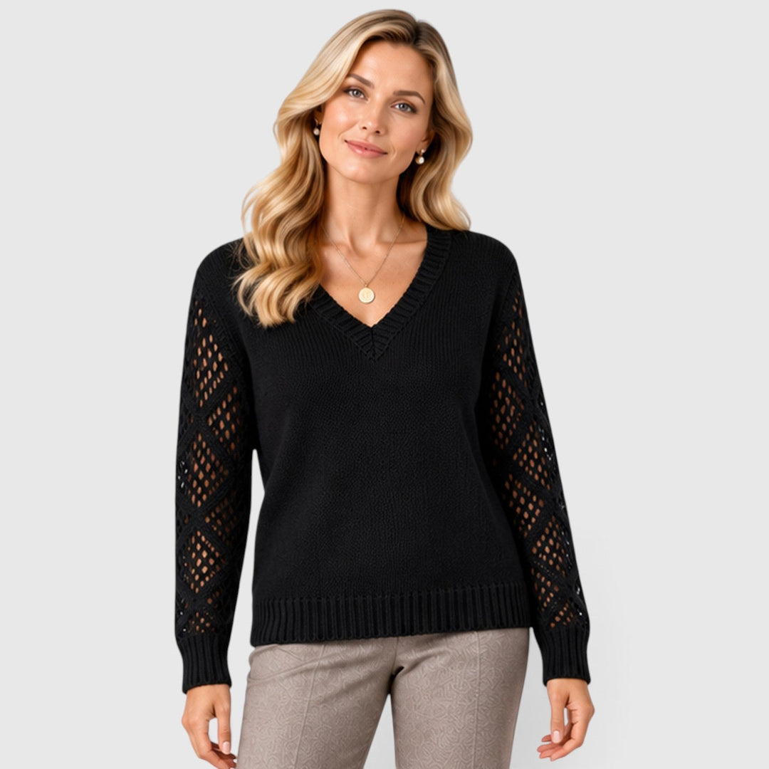 Women's Casual V-Neck Knitted Jumper with Openwork Sleeves