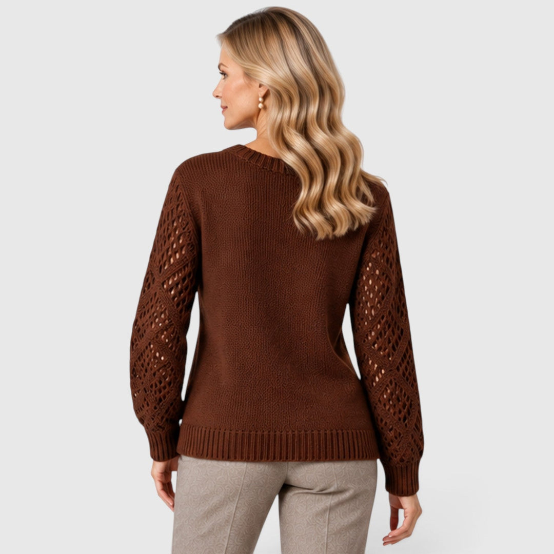 Women's Casual V-Neck Knitted Jumper with Openwork Sleeves
