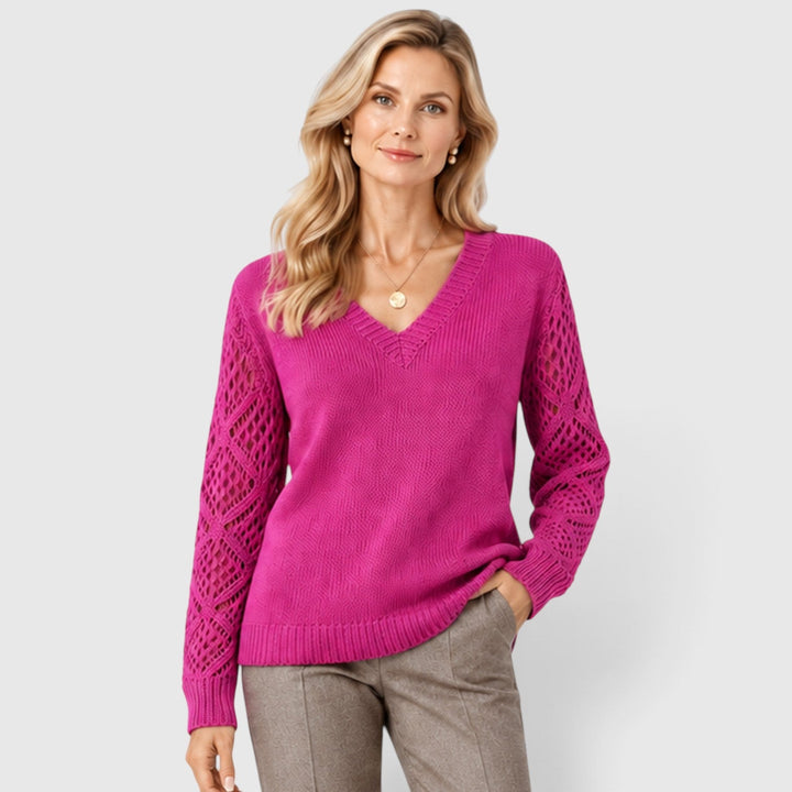 Women's Casual V-Neck Knitted Jumper with Openwork Sleeves