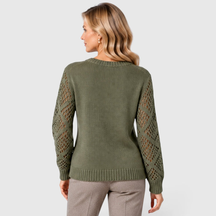 Women's Casual V-Neck Knitted Jumper with Openwork Sleeves