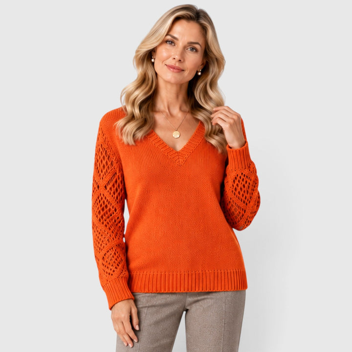 Women's Casual V-Neck Knitted Jumper with Openwork Sleeves
